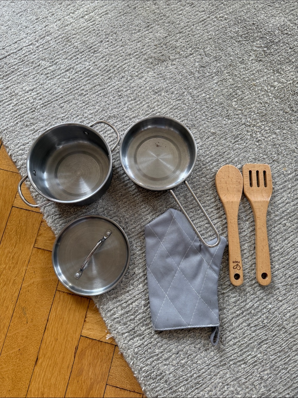 Hape Stainless Steel Cookware Set with Gray Oven Mitt and Wooden Utensils